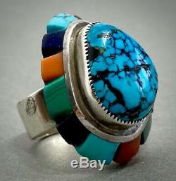 HUGE LOLOMA Style Vintage Navajo Sterling Silver Gem Spiderweb Turquoise Ring