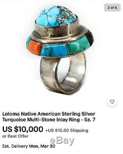 HUGE LOLOMA Style Vintage Navajo Sterling Silver Gem Spiderweb Turquoise Ring