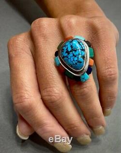 HUGE LOLOMA Style Vintage Navajo Sterling Silver Gem Spiderweb Turquoise Ring