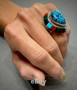 HUGE LOLOMA Style Vintage Navajo Sterling Silver Gem Spiderweb Turquoise Ring