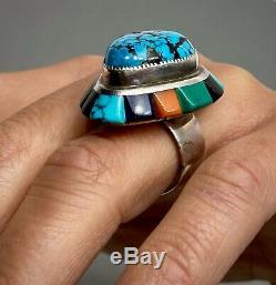 HUGE LOLOMA Style Vintage Navajo Sterling Silver Gem Spiderweb Turquoise Ring