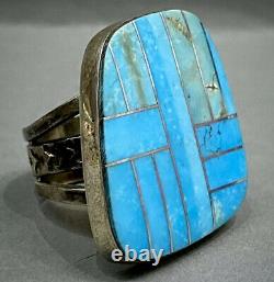 HUGE Large Vintage Navajo Native American Sterling Silver Turquoise Inlay Ring