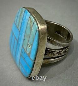 HUGE Large Vintage Navajo Native American Sterling Silver Turquoise Inlay Ring