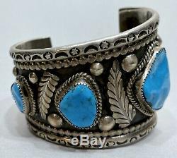 HUGE OLD Vintage Navajo Sterling Silver And Turquoise Graduating Cuff Bracelet