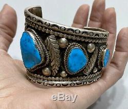 HUGE OLD Vintage Navajo Sterling Silver And Turquoise Graduating Cuff Bracelet