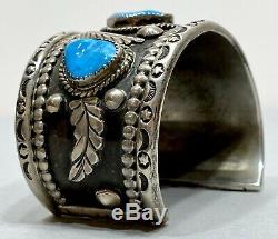 HUGE OLD Vintage Navajo Sterling Silver And Turquoise Graduating Cuff Bracelet