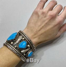 HUGE OLD Vintage Navajo Sterling Silver And Turquoise Graduating Cuff Bracelet