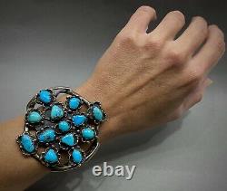 HUGE Unique Vintage Navajo Native American Sterling Turquoise Cuff Bracelet