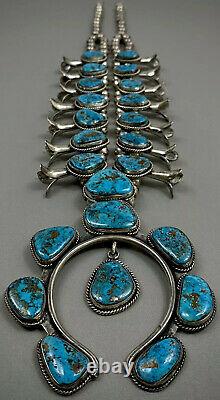 HUGE Vintage Navajo Sterling Gem Morenci Turquoise Squash Blossom Necklace 254Gr