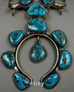 HUGE Vintage Navajo Sterling Gem Morenci Turquoise Squash Blossom Necklace 254Gr