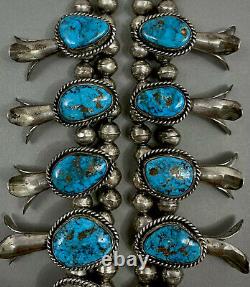 HUGE Vintage Navajo Sterling Gem Morenci Turquoise Squash Blossom Necklace 254Gr