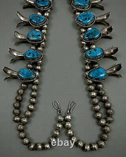 HUGE Vintage Navajo Sterling Gem Morenci Turquoise Squash Blossom Necklace 254Gr