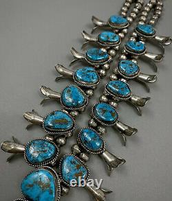 HUGE Vintage Navajo Sterling Gem Morenci Turquoise Squash Blossom Necklace 254Gr