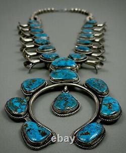 HUGE Vintage Navajo Sterling Gem Morenci Turquoise Squash Blossom Necklace 254Gr