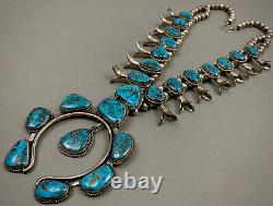 HUGE Vintage Navajo Sterling Gem Morenci Turquoise Squash Blossom Necklace 254Gr