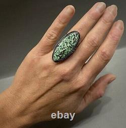 HUGE Vintage Navajo Sterling Silver Green Spiderweb Matrix Turquoise Ring WOW