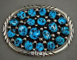 HUGE Vintage Navajo Sterling Silver Kingman Turquoise Cluster Belt Buckle 91grms