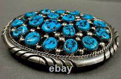 HUGE Vintage Navajo Sterling Silver Kingman Turquoise Cluster Belt Buckle 91grms