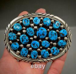 HUGE Vintage Navajo Sterling Silver Kingman Turquoise Cluster Belt Buckle 91grms