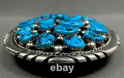 HUGE Vintage Navajo Sterling Silver Kingman Turquoise Cluster Belt Buckle 91grms