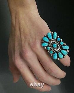 HUGE Vintage Navajo Sterling Silver Turquoise Cluster Ring