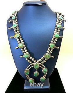 HUGE Vintage Navajo Turquoise Squash Blossom Necklace Sterling Silver 182gr 28L