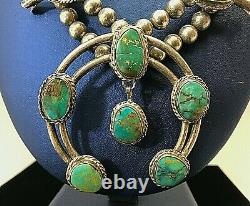 HUGE Vintage Navajo Turquoise Squash Blossom Necklace Sterling Silver 182gr 28L