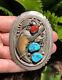 HUGE Vtg Old Pawn Navajo Sterling Silver Kingman Turquoise & Red Coral Bolo Tie