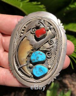HUGE Vtg Old Pawn Navajo Sterling Silver Kingman Turquoise & Red Coral Bolo Tie