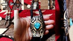 HUGE vintage TOMMY SINGER turquoise overlay BOLO with custom tips Navajo sterling