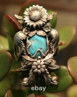 HUGE vintage old pawn TURQUOISE RING sunflower kachina bee size 16 men Navajo