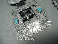 Hand Tooled Authentic Vintage Navajo Turquoise Sterling Silver Concho Belt
