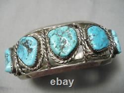 Hand Tooled Vintage Navajo Spiderweb Turquoise Sterling Silver Bracelet Old