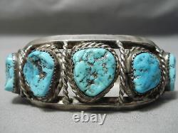 Hand Tooled Vintage Navajo Spiderweb Turquoise Sterling Silver Bracelet Old