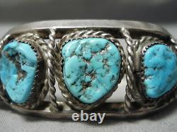 Hand Tooled Vintage Navajo Spiderweb Turquoise Sterling Silver Bracelet Old
