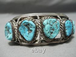 Hand Tooled Vintage Navajo Spiderweb Turquoise Sterling Silver Bracelet Old