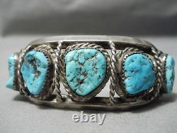 Hand Tooled Vintage Navajo Spiderweb Turquoise Sterling Silver Bracelet Old