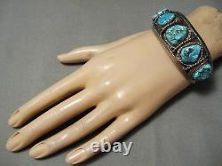 Hand Tooled Vintage Navajo Spiderweb Turquoise Sterling Silver Bracelet Old