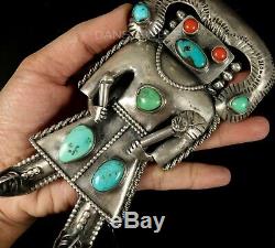 Handmade Big Vintage Unusual Old Pawn Navajo TURQUOISE KACHINA Sterling BOLO TIE