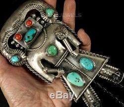 Handmade Big Vintage Unusual Old Pawn Navajo TURQUOISE KACHINA Sterling BOLO TIE