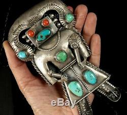 Handmade Big Vintage Unusual Old Pawn Navajo TURQUOISE KACHINA Sterling BOLO TIE