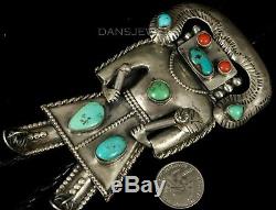 Handmade Big Vintage Unusual Old Pawn Navajo TURQUOISE KACHINA Sterling BOLO TIE