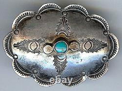 Handsome Vintage Navajo Indian Stamped Silver & Turquoise Concho Pin Brooch