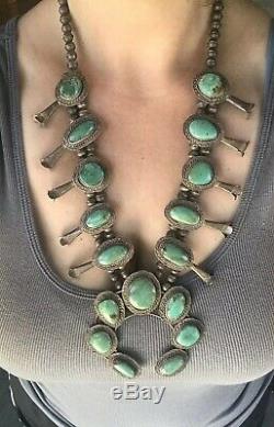 Heavy 194g Vintage Signed Sterling Royston Turquoise Squash Blossom Necklace
