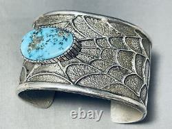 Heavy 74 Gram Spiderweb Turquoise Vintage Navajo Sterling Silver Bracelet