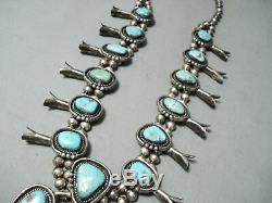 Heavy Authentic Vintage Navajo Turquoise Sterling Silver Squash Blossom Necklace