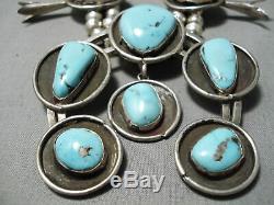 Heavy! Huge Vintage Navajo Turquoise Sterling Silver Squash Blossom Necklace