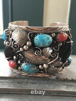 Heavy Large Vintage Navajo Coral Turquoise Sterling Silver Cuff Bracelet Signed