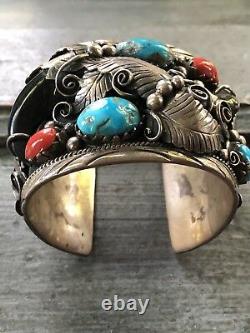 Heavy Large Vintage Navajo Coral Turquoise Sterling Silver Cuff Bracelet Signed