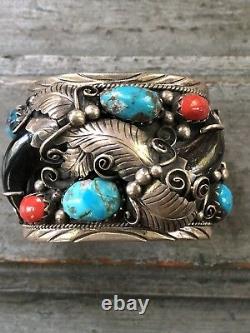 Heavy Large Vintage Navajo Coral Turquoise Sterling Silver Cuff Bracelet Signed